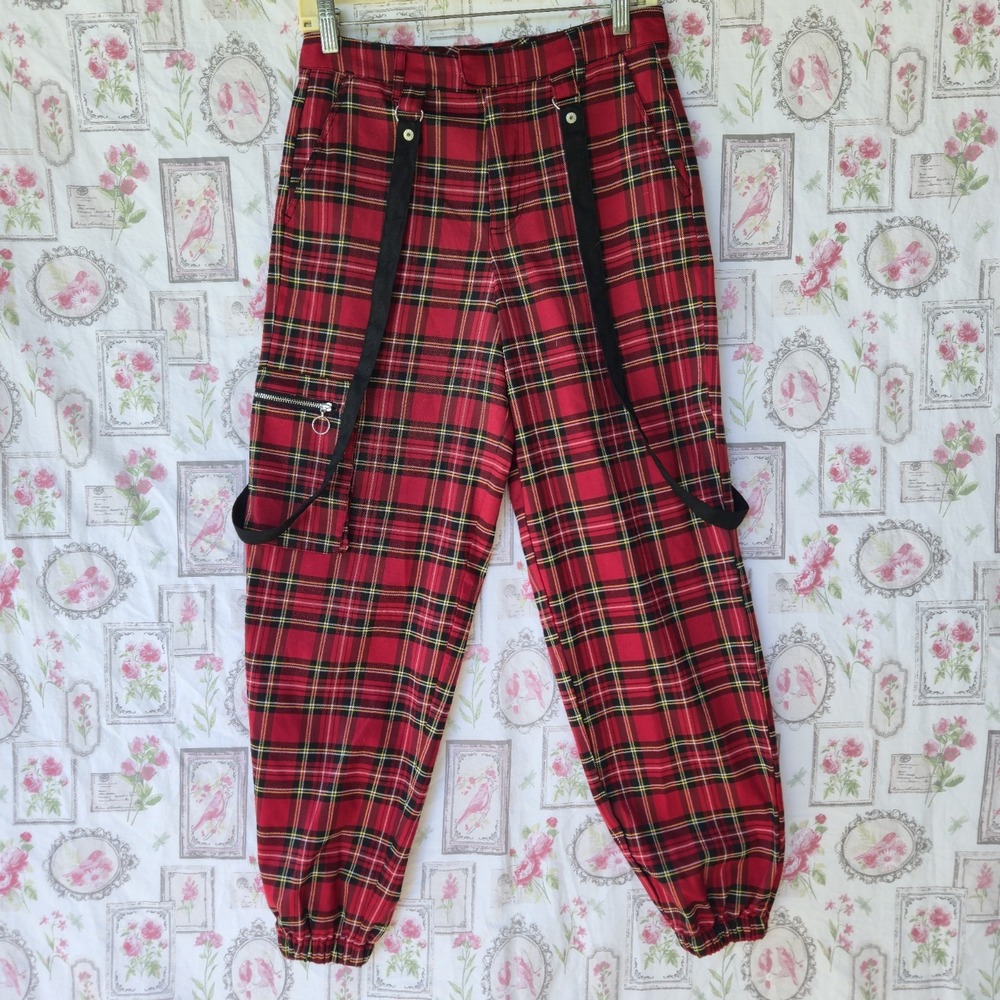 Hot Topic Red Plaid Punk Cargo Pants Size 5 Tartan Suspender Strap Goth Joggers